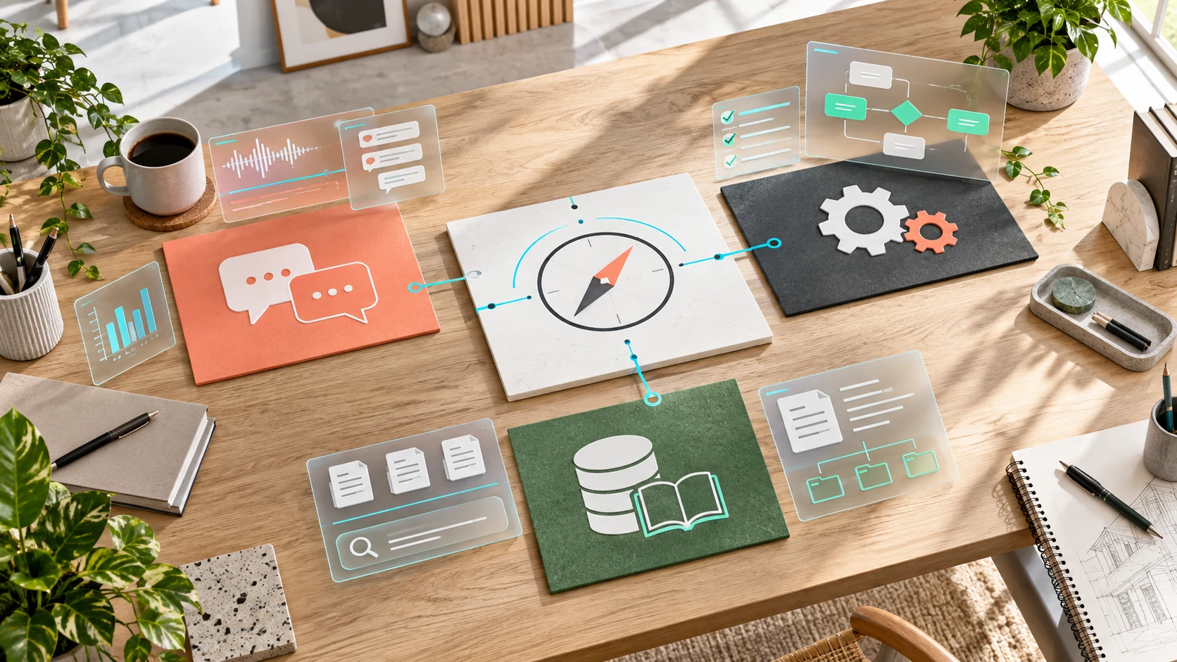 A planning workspace mapping customer conversations, workflows, and trusted knowledge around one AI strategy